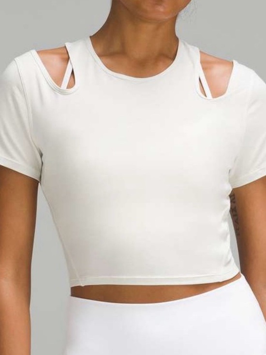 lululemon athletica Tops - Lululemon Shoulder Cut-Out Yoga T-Shirt Bone Crop Tee Size 12